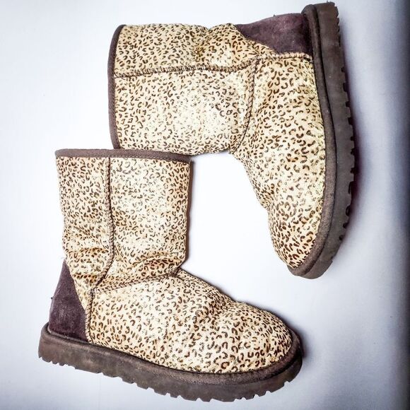 UGG classic gold metallic shimmer leopard brown winter fur boots Size 9 - Picture 2 of 7